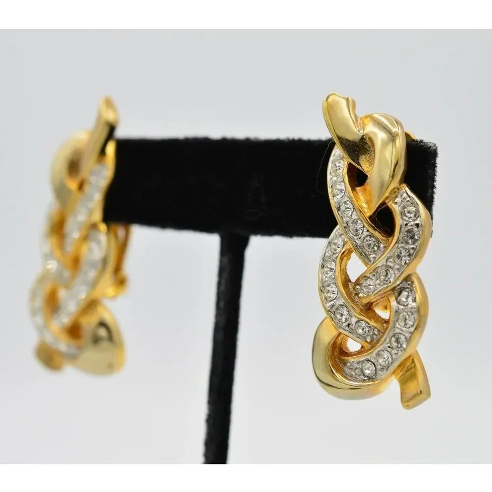 Vintage Crystal Clip On Earrings Chunky Braid Drop Gold Rhinestone NOS 1980s 9L